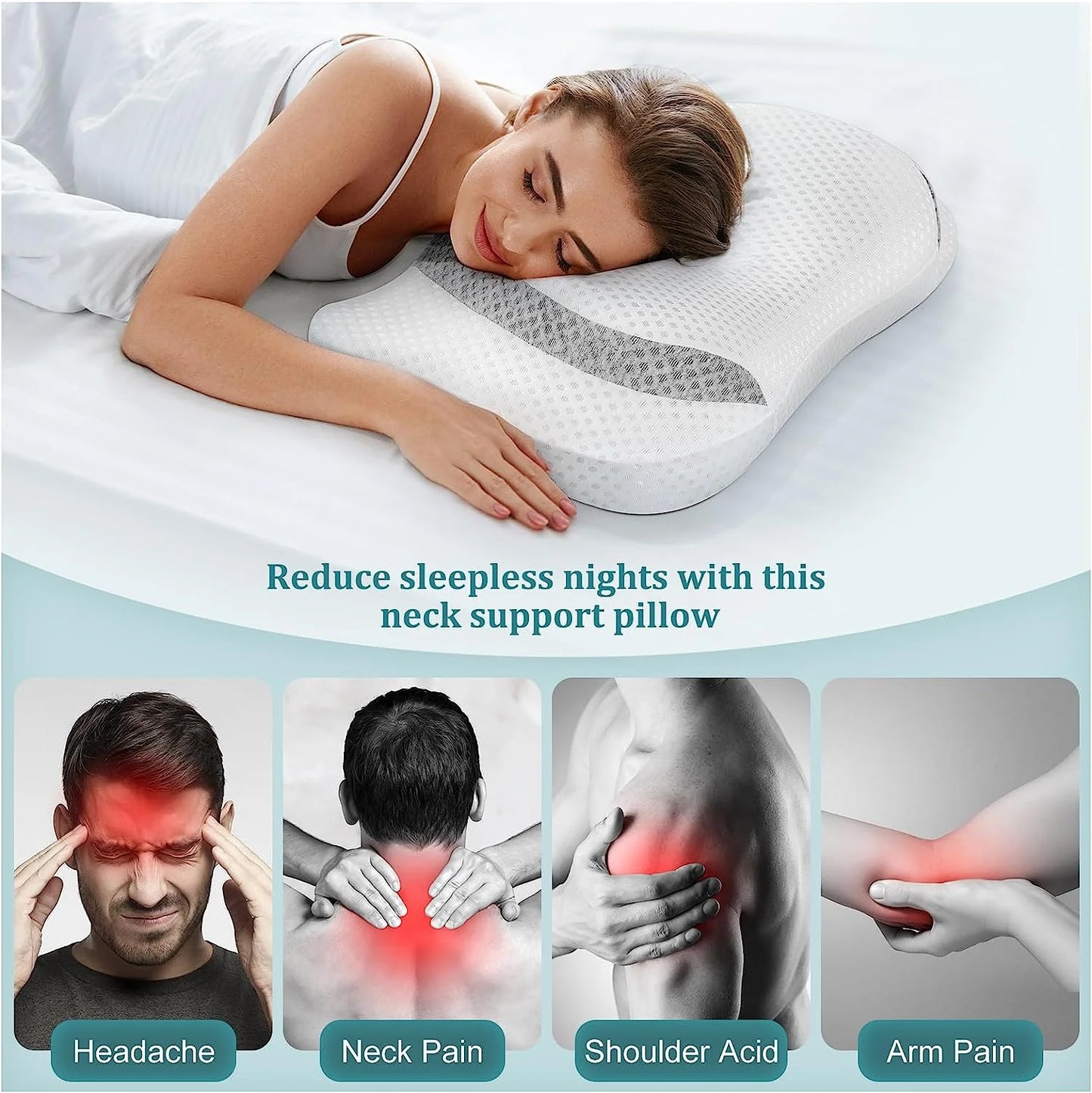 Ergonomic Contour Memory Foam Pillow Neck Support Pillow with Washable Pillowcase