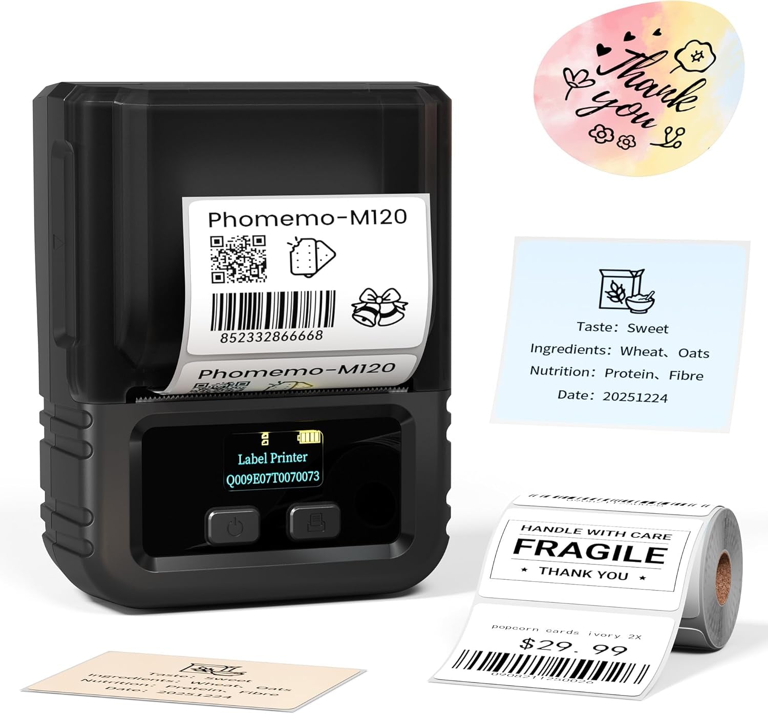 M120 Label Maker Machine with Tape, 2 Inch Thermal Label Printer for Small Bussiness, Office, Home, Barcode, Address, Logo, Clothing, Sticker Printer for Phone & PC, with 1Roll Label, Black