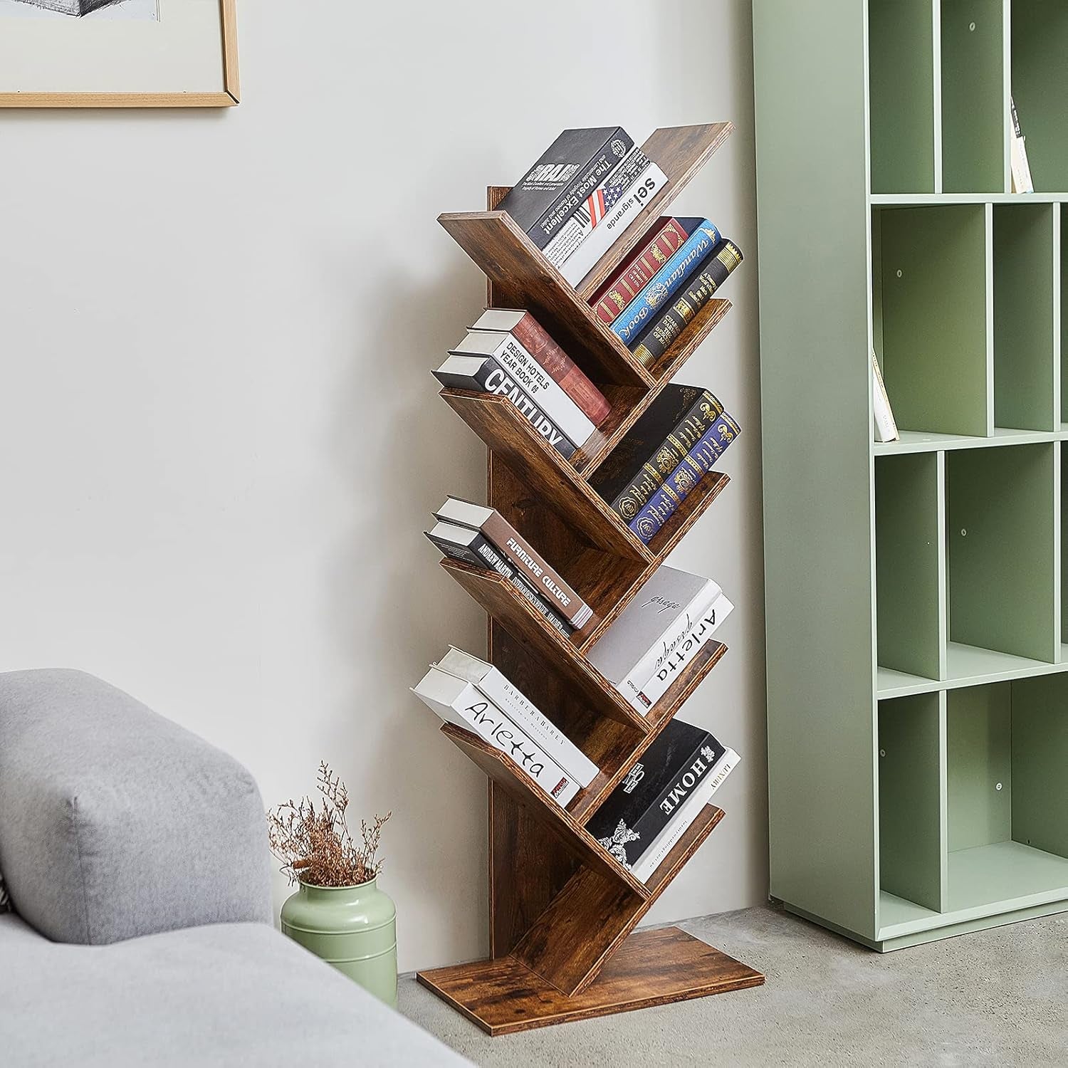 9-Shelf Tree Bookshelf, Floor Standing Tree Bookcase in Living Room/Home/Office, Bookshelves Storage Rack for Cds/Movies/Books - Rustic Brown