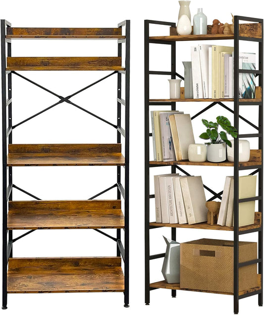 5 Tier Adjustable Tall Bookshelf,Open Back Standing Storage Organizer Display Shelf Unit,Industrial Rustic Bookshelf for Living Room,Bedroom,Office